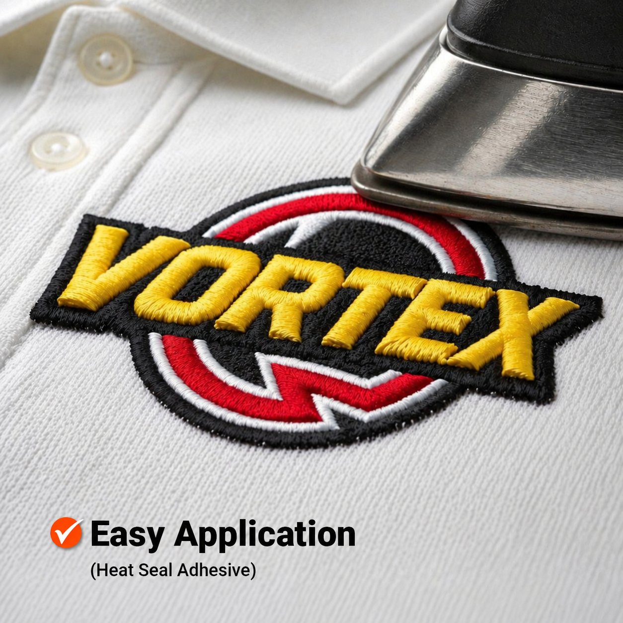 Raised yellow embroidery on a custom patch applied to a white polo