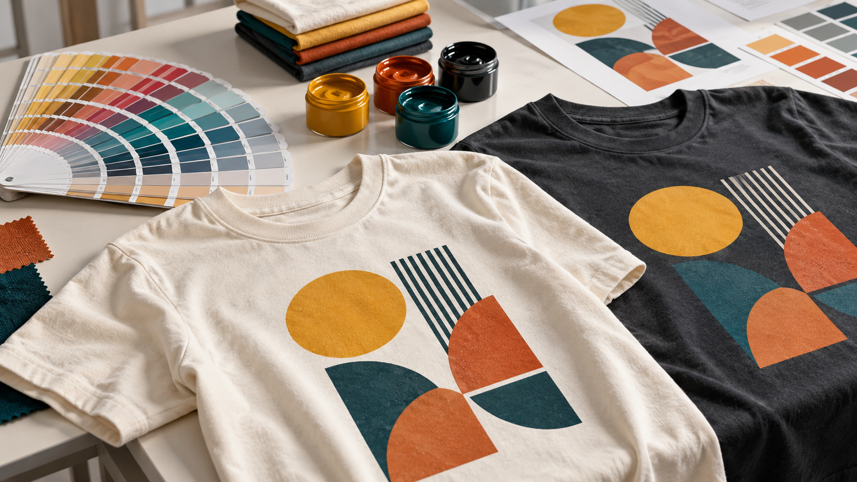 Custom T-shirts with yellow, orange and teal geometric artwork beside colour swatches and printing inks