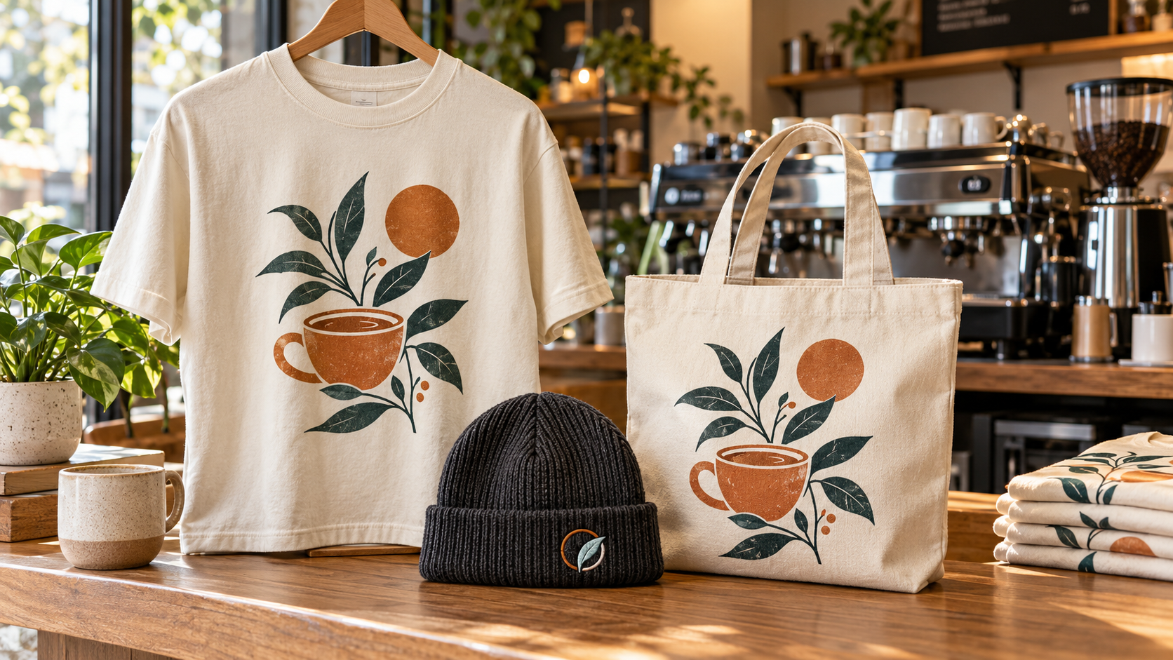 Cafe merchandise concept with botanical artwork on a cream T-shirt and tote, and an embroidered beanie