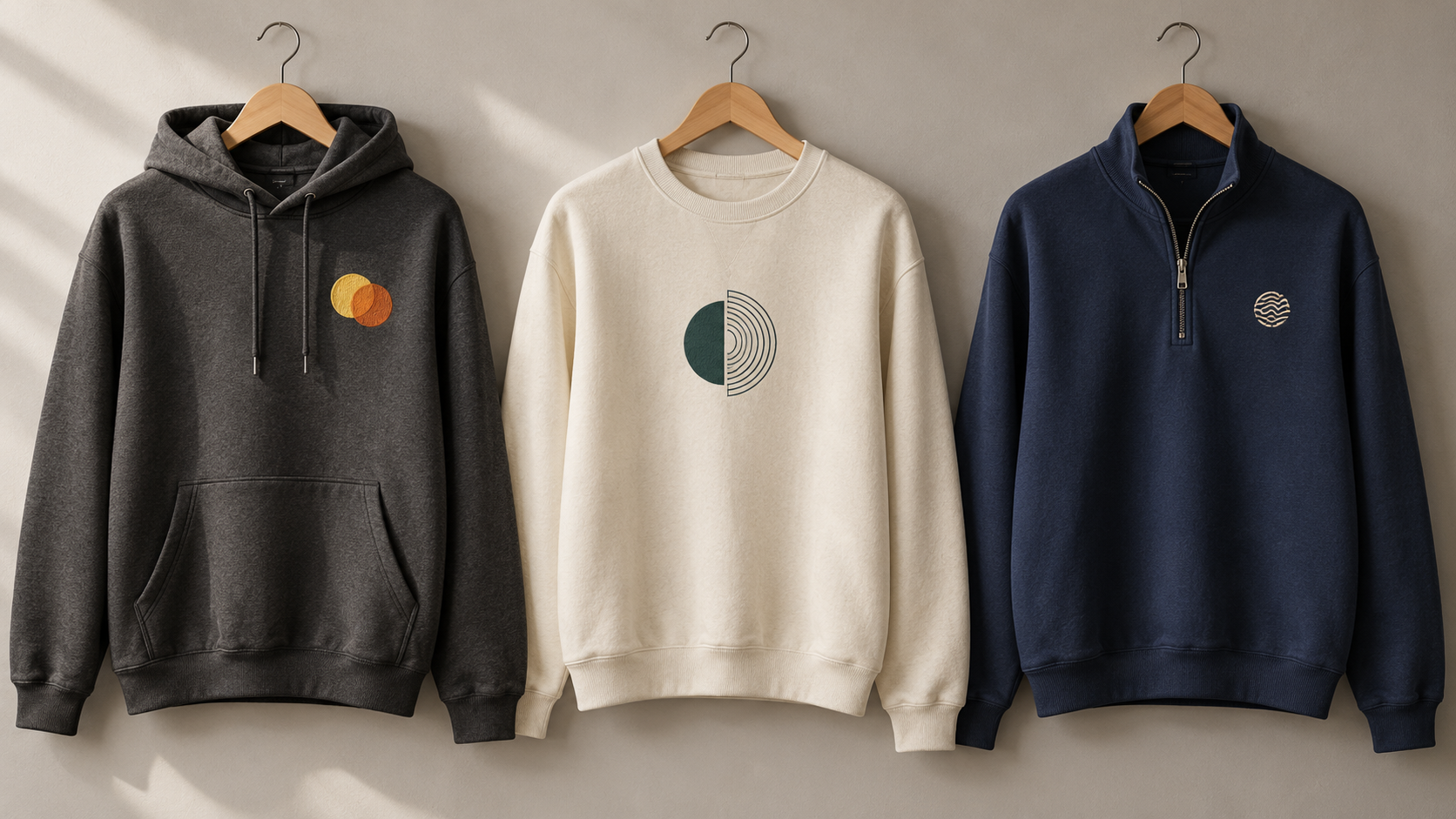 Charcoal hoodie, cream crewneck and navy quarter-zip with original abstract chest artwork