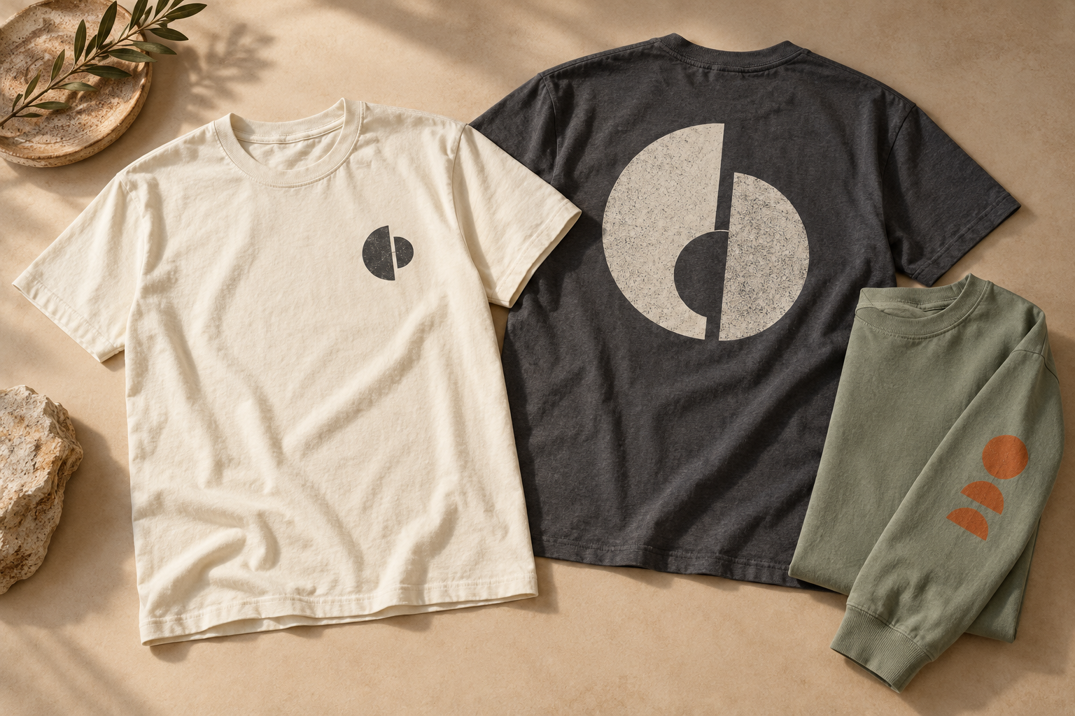 Cream T-shirt with a small chest motif, charcoal shirt with a large back graphic and sage sleeve design concept
