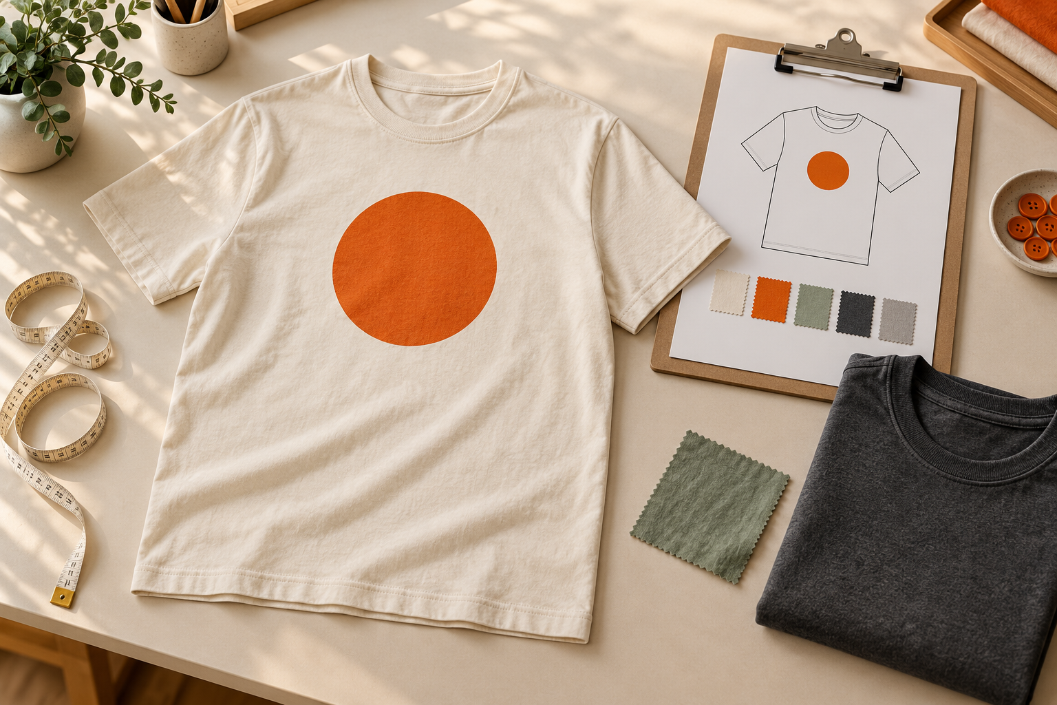 Cream T-shirt with orange circle artwork beside a blank approval clipboard, colour swatches and measuring tape