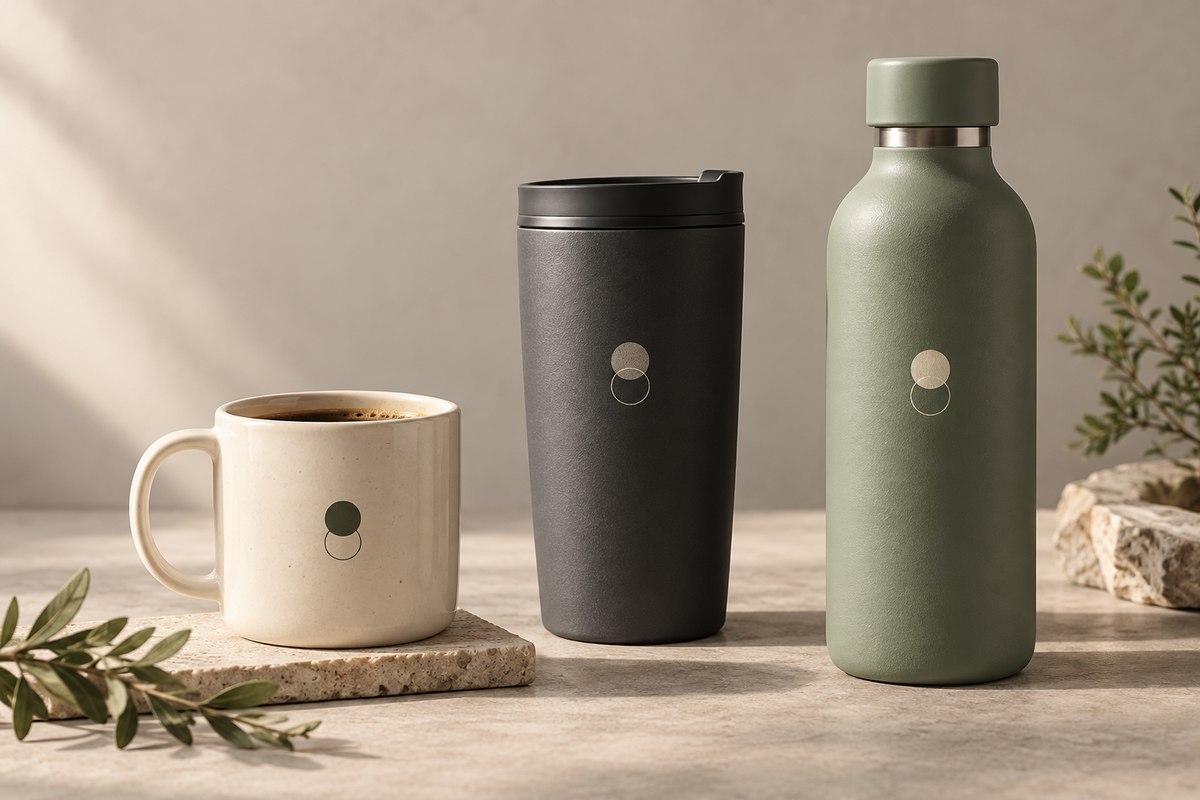 Cream ceramic mug, charcoal travel tumbler and sage screw-cap bottle with original abstract marks on a neutral studio surface