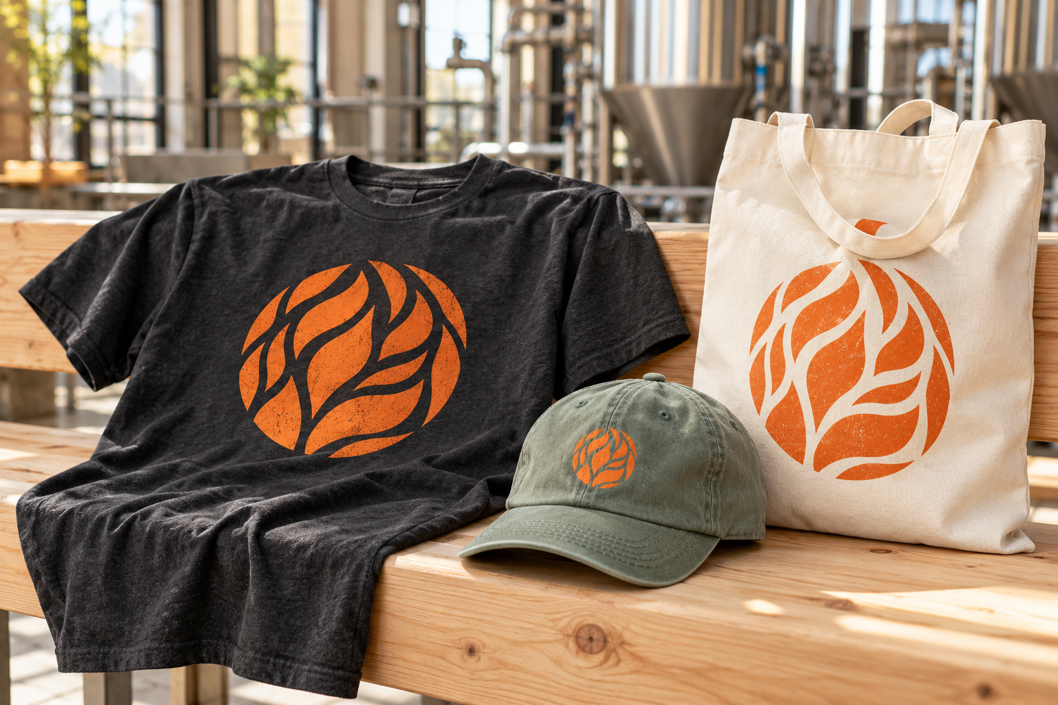 Charcoal T-shirt, sage cap and cream canvas tote with orange abstract artwork on a taproom bench