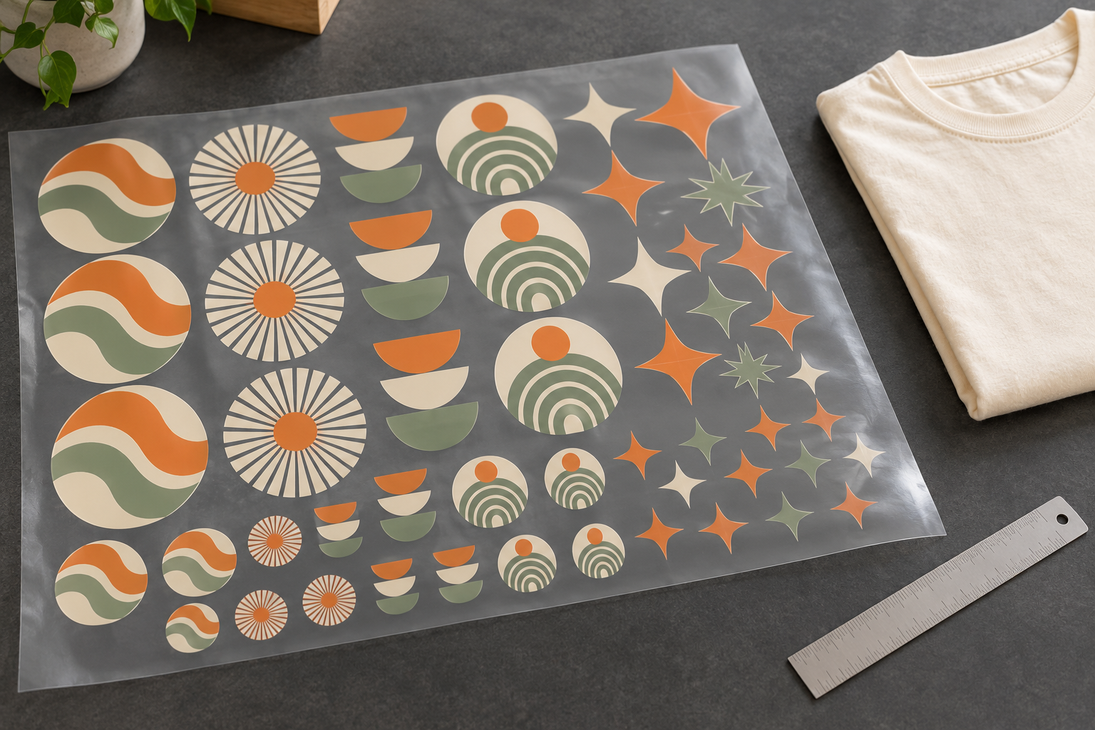 Illustrative translucent DTF transfer sheet with repeated orange, cream and sage graphics beside a folded cream T-shirt