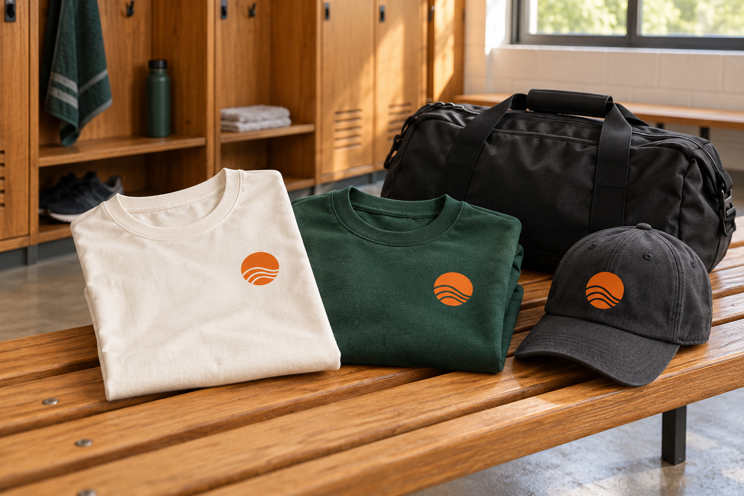Cream supporter T-shirt, green sweatshirt and charcoal cap with orange club motifs on a locker room bench