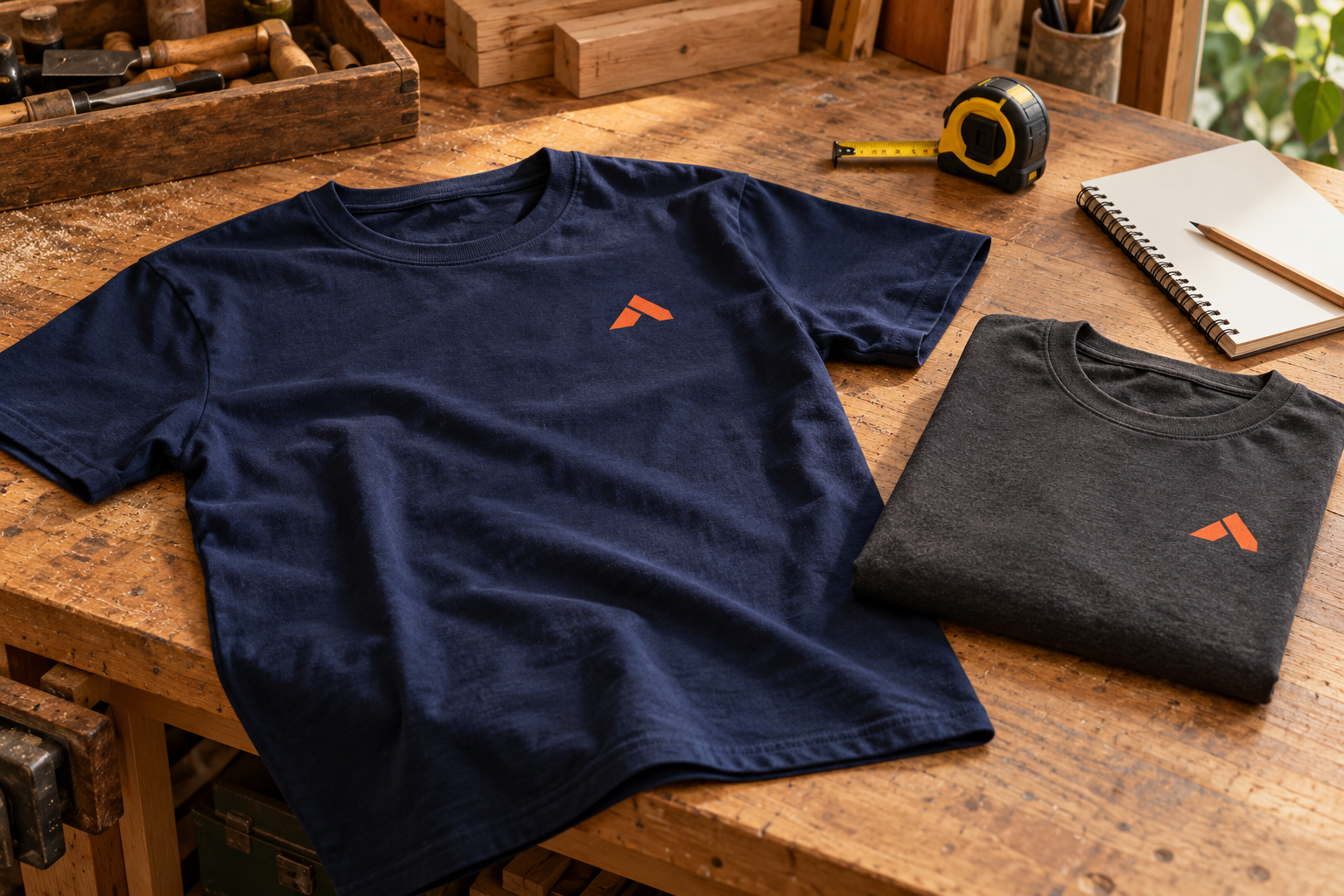 Navy crew T-shirt and charcoal sweatshirt with orange emblems on a tidy timber workshop bench