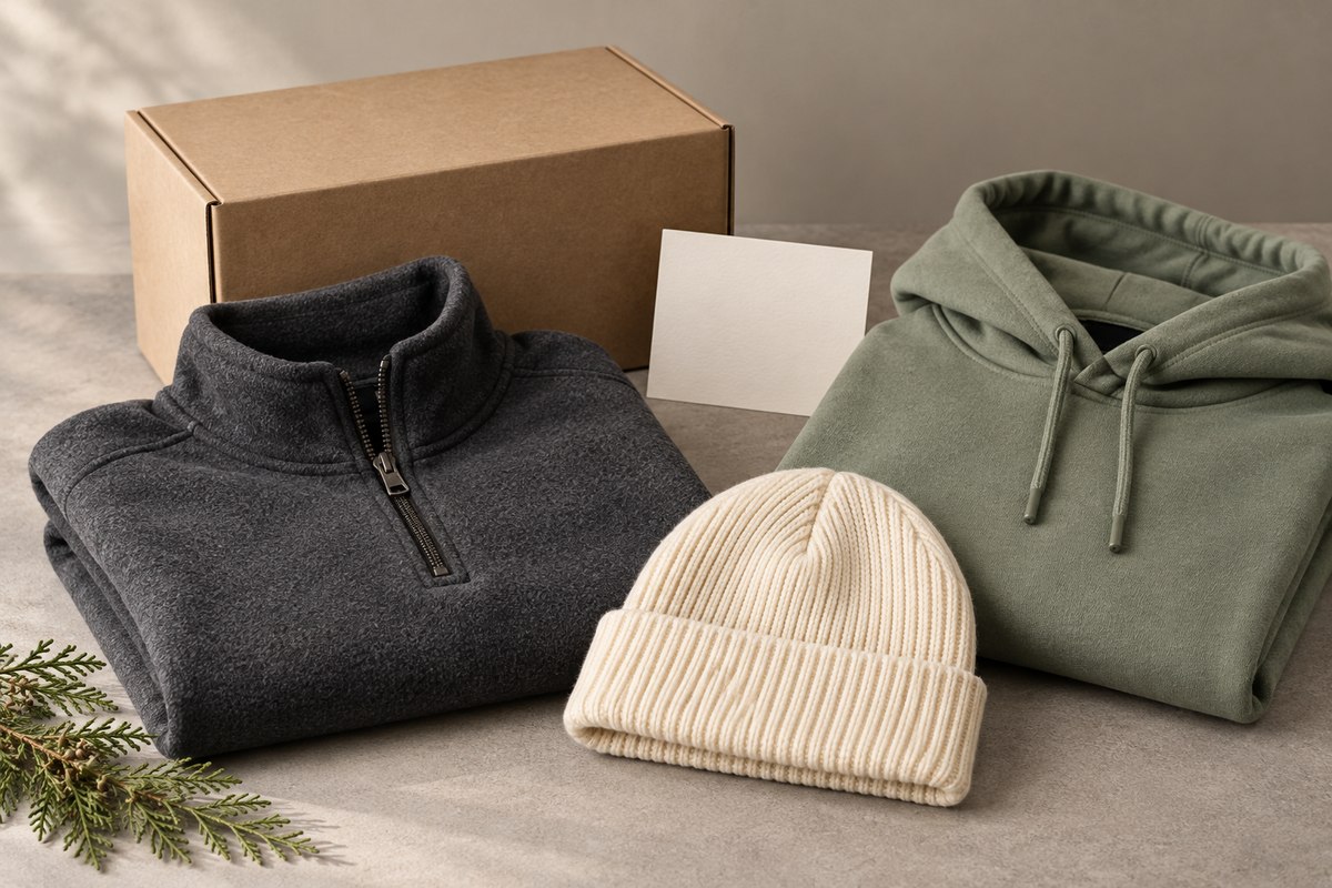 Folded charcoal quarter-zip, cream ribbed toque and sage hoodie beside a kraft gift box and blank card as an illustrative year-end gift concept