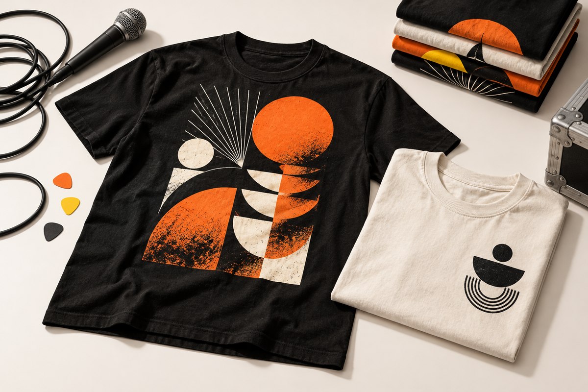 Neatly stacked cream, sage and charcoal T-shirts with matching original circle artwork beside a blank reorder clipboard