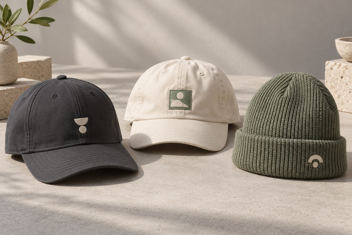Charcoal structured cap, cream relaxed cap and sage knit beanie with original geometric decoration concepts