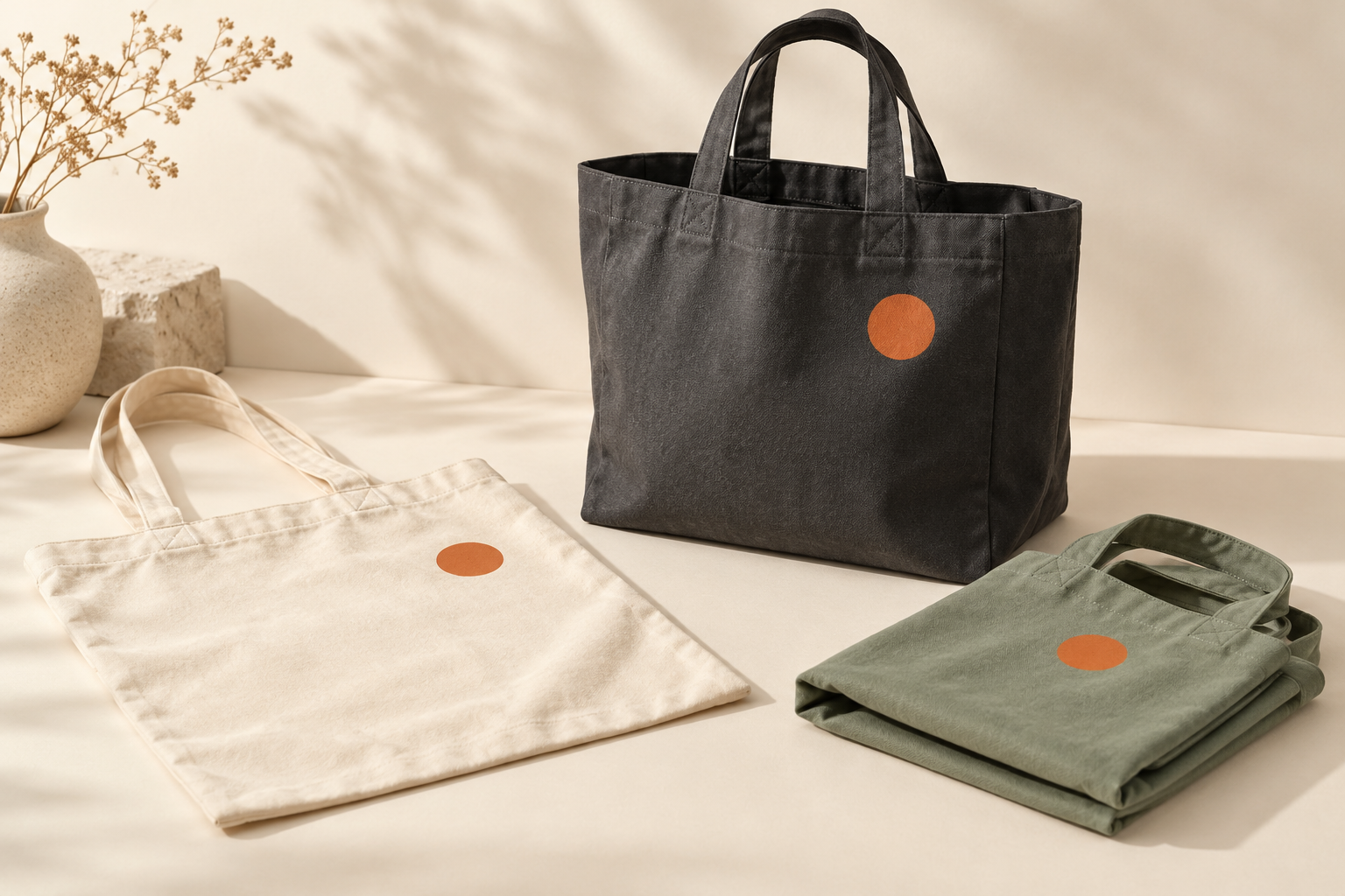 Natural, charcoal and sage tote bag concepts with simple orange circle artwork