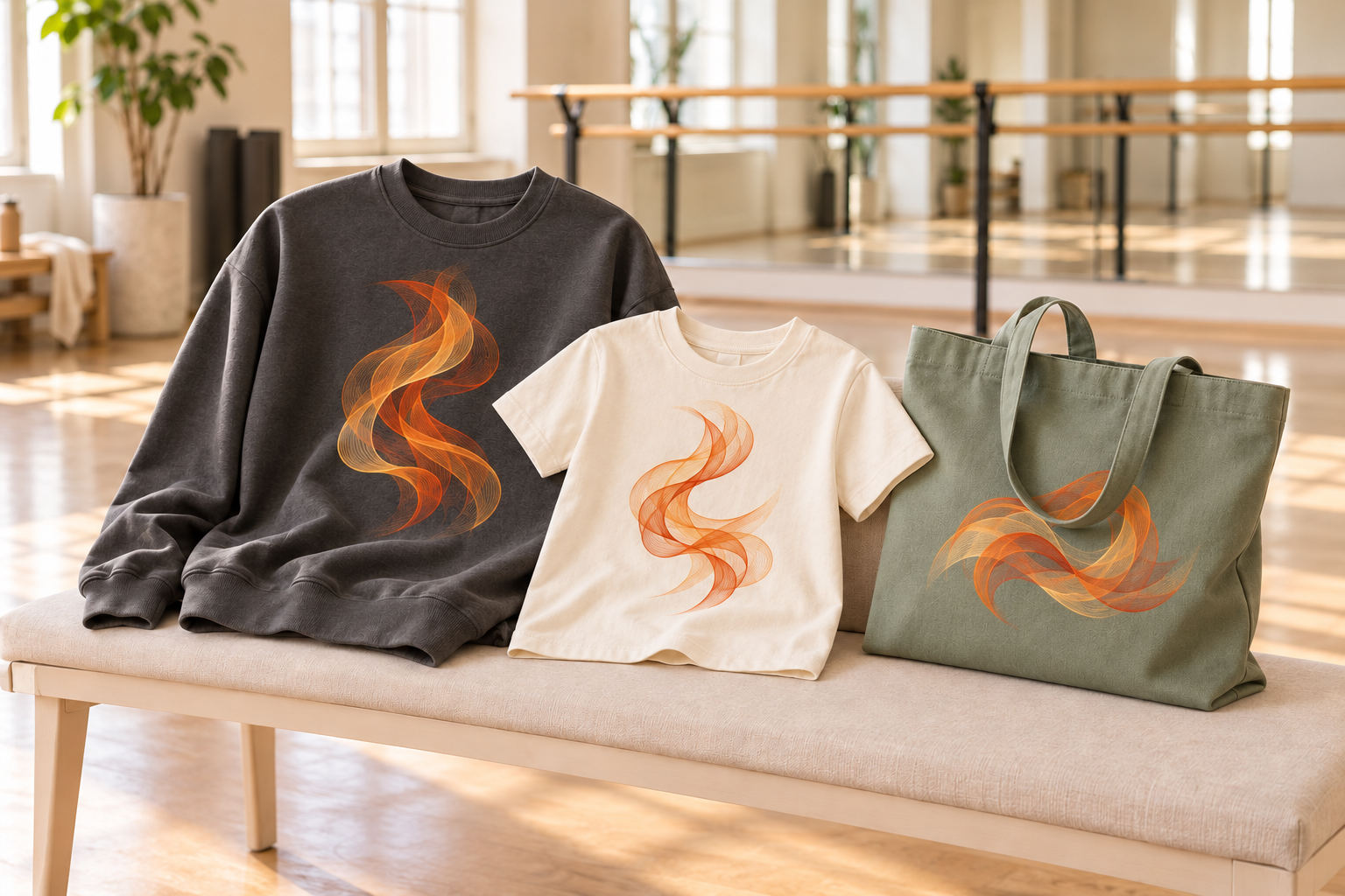 Charcoal crewneck, cream youth T-shirt and sage tote with orange ribbon artwork on a light dance studio bench