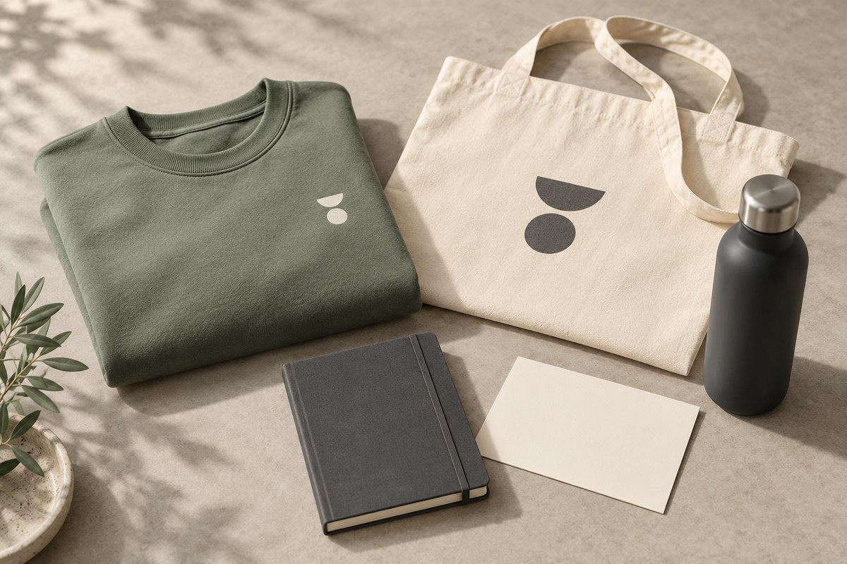 Folded sage sweatshirt, cream tote, charcoal bottle and blank notebook arranged as an employee welcome kit concept