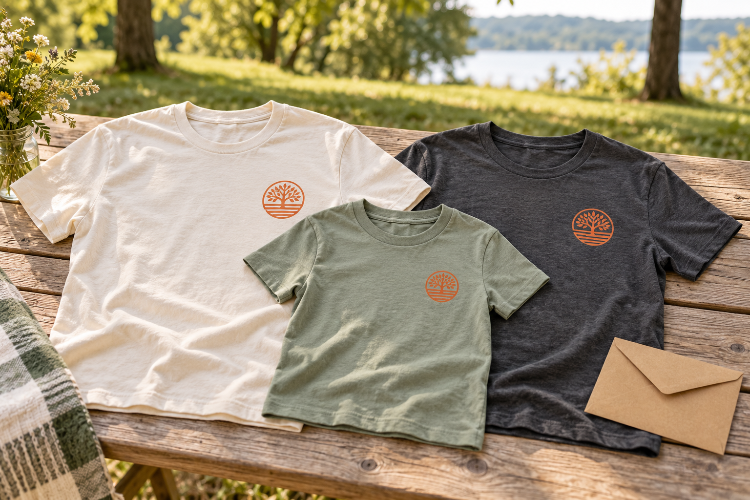 Cream, sage and charcoal adult and youth T-shirts with matching orange tree emblems arranged on a picnic table
