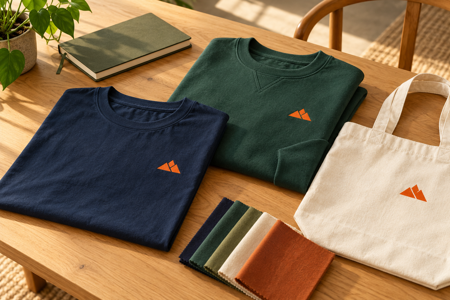 Navy T-shirt, forest green crewneck and cream tote with matching orange mountain emblems on an oak worktable