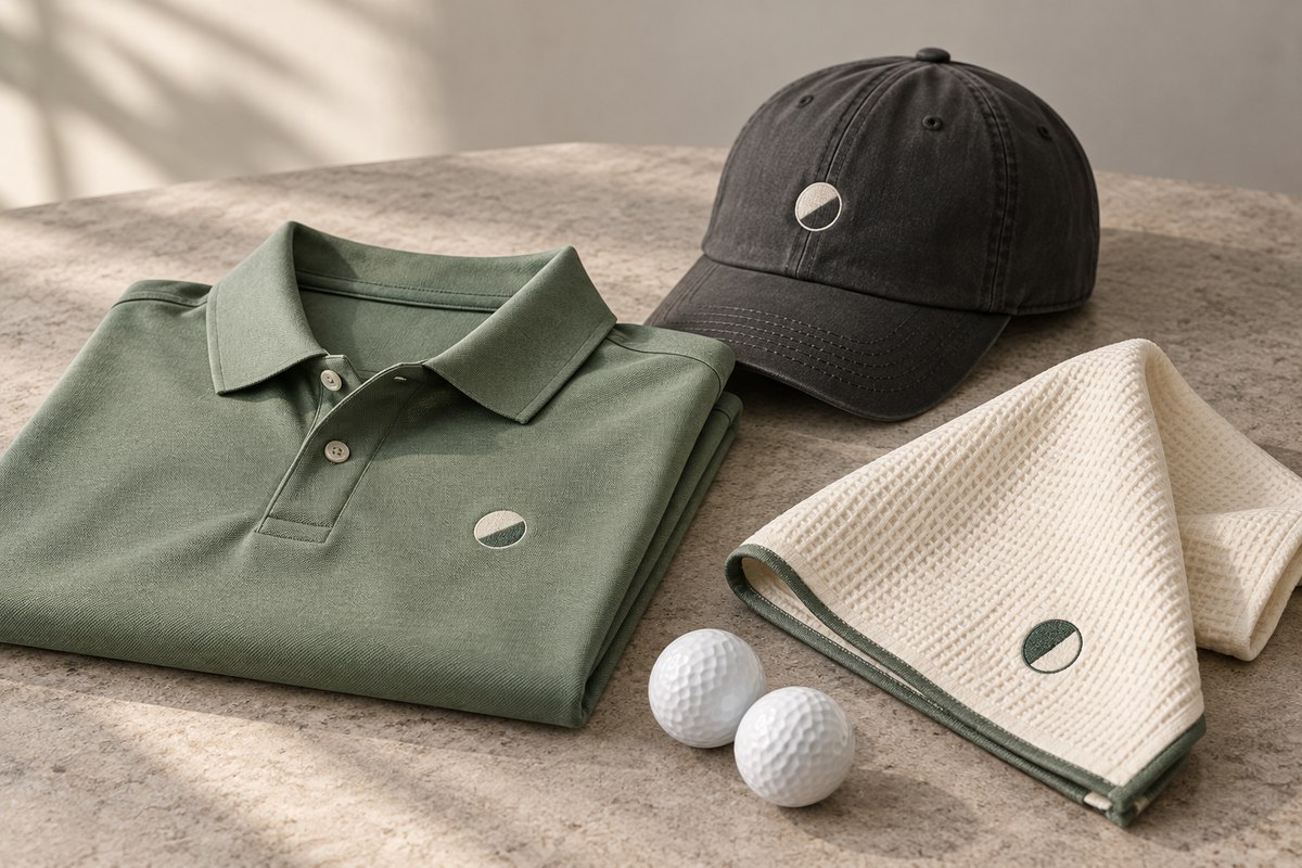 Sage golf polo, charcoal cap, cream golf towel and two plain golf balls arranged as illustrative tournament merchandise