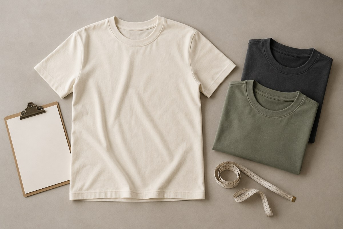 Cream T-shirt laid flat beside folded charcoal and sage shirts, a measuring tape and a blank clipboard