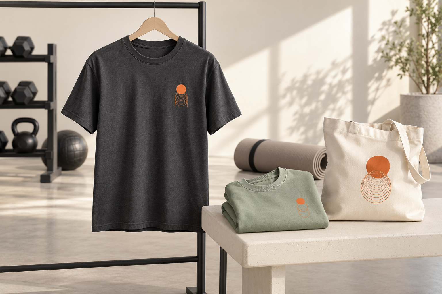 Charcoal T-shirt on a simple rack with folded sage crewneck and cream tote beside a rolled exercise mat as gym merchandise concepts