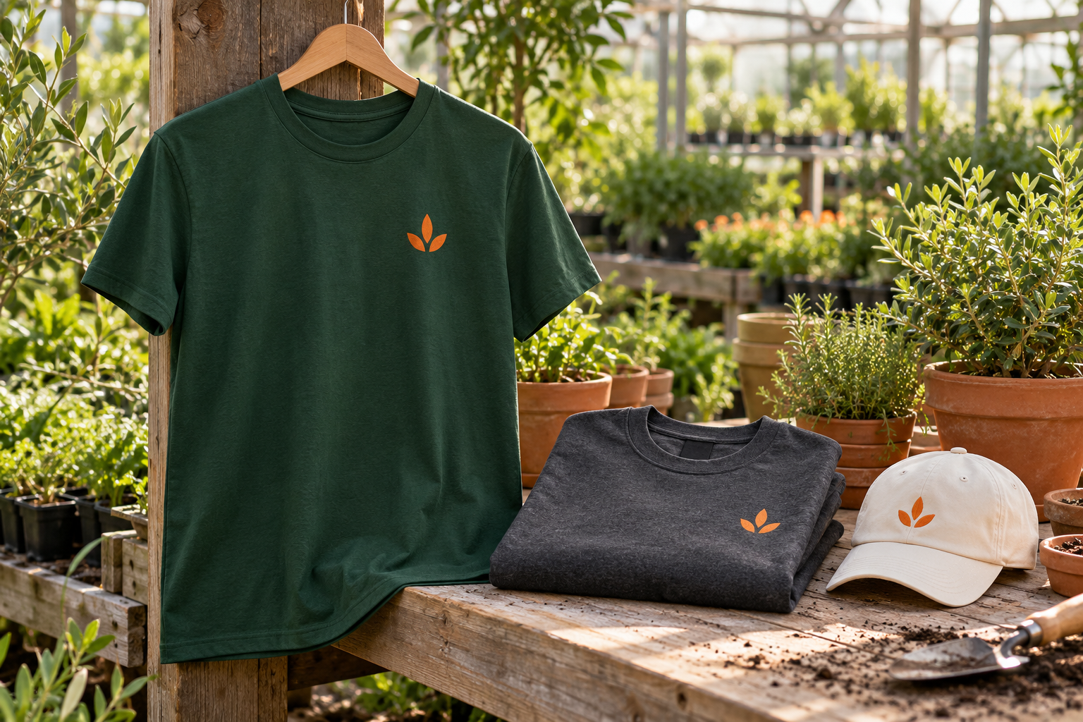 Forest green crew T-shirt, charcoal sweatshirt and cream cap with orange leaf emblems on a greenhouse bench