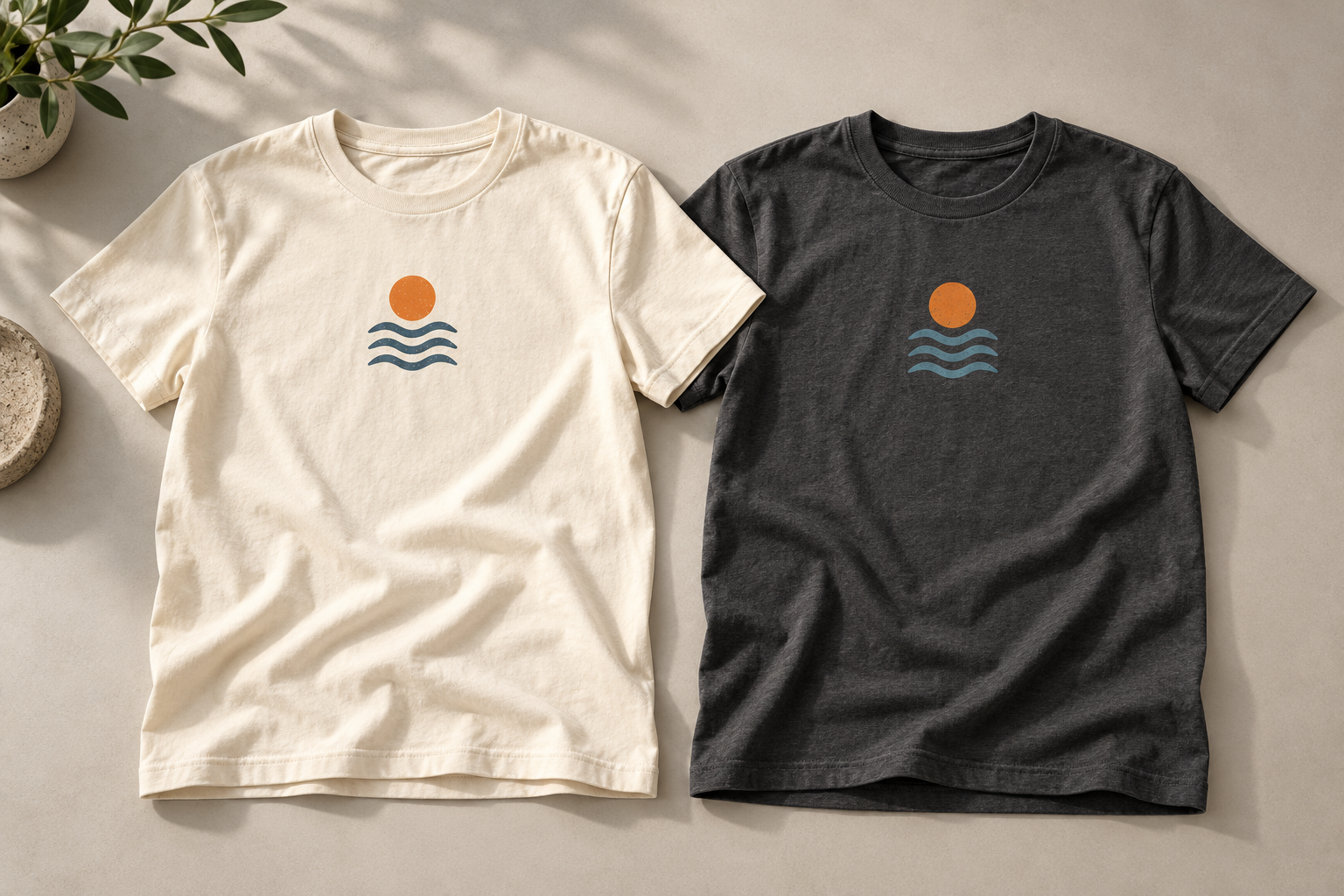 Cream and charcoal T-shirts with matching orange sun and wave artwork on a studio tabletop