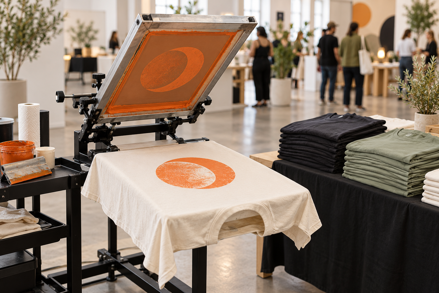 Illustrative portable manual screen printing station with cream shirt and neatly stacked charcoal and sage garments in an event space