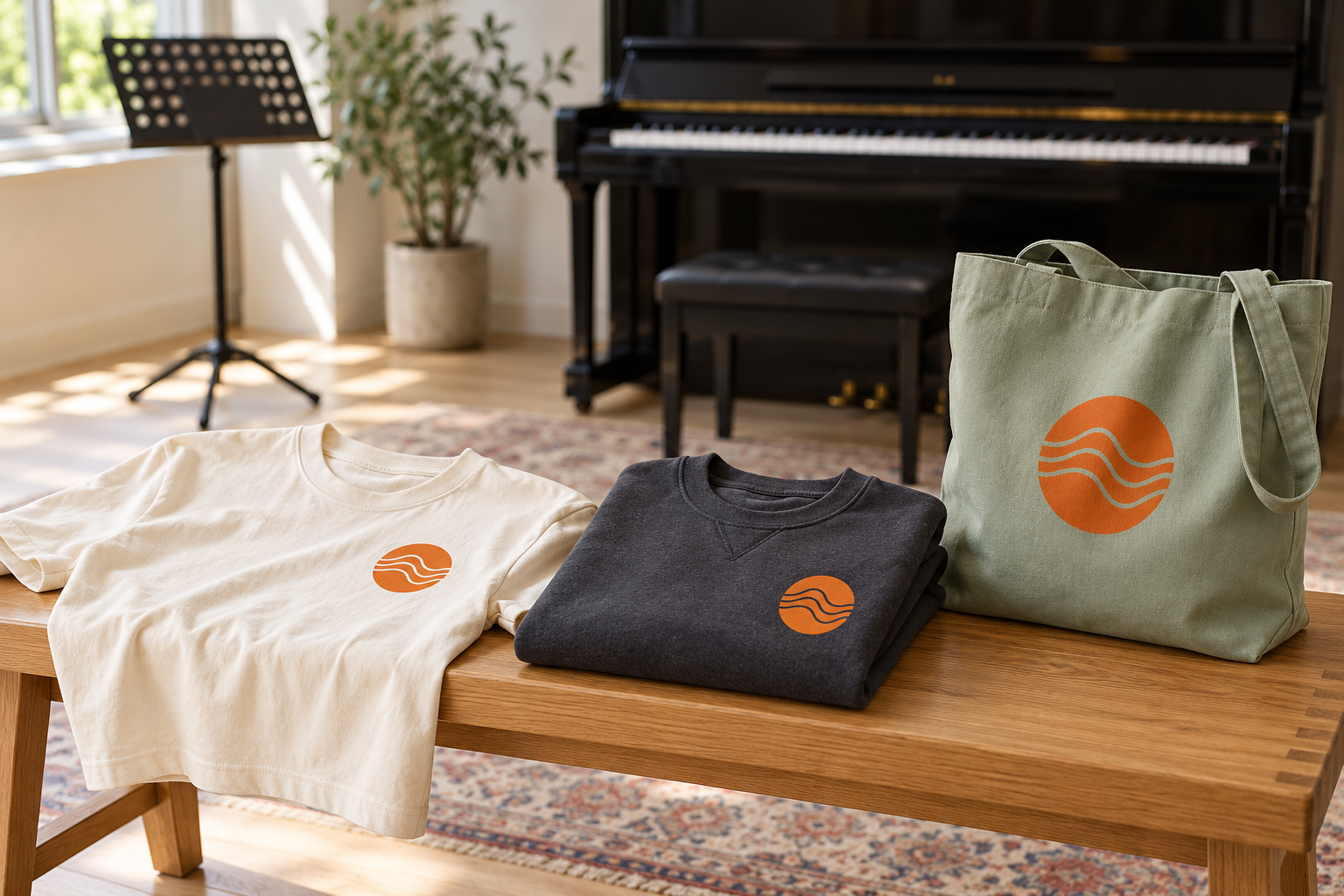 Cream T-shirt, charcoal sweatshirt and sage tote with orange sound-wave emblems in a light music studio