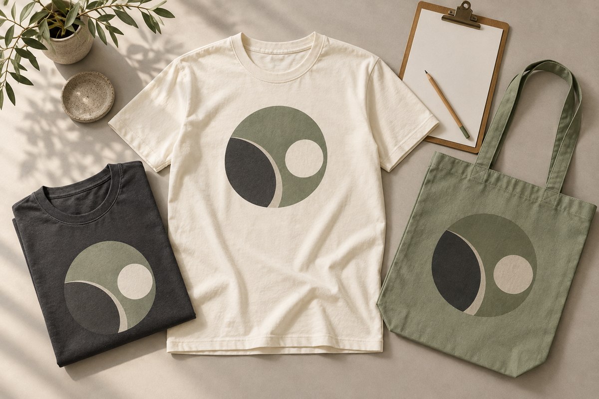 Cream and charcoal T-shirts and sage tote with matching original circle graphics beside a blank planning clipboard