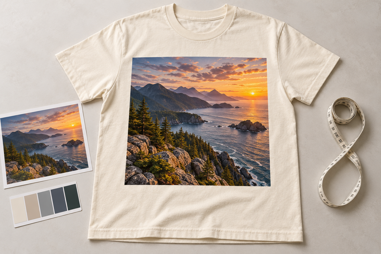 Cream T-shirt with coastal mountain photo artwork beside a matching photo print and measuring tape