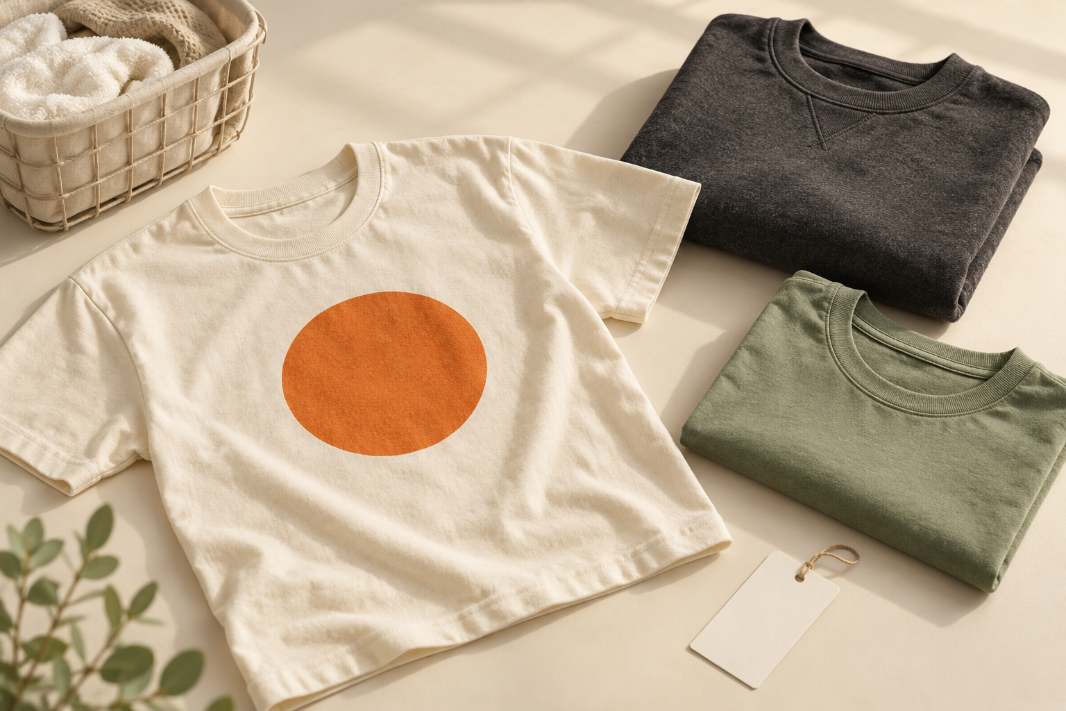 Cream printed T-shirt, folded charcoal and sage garments and a small neutral laundry basket as an apparel care concept