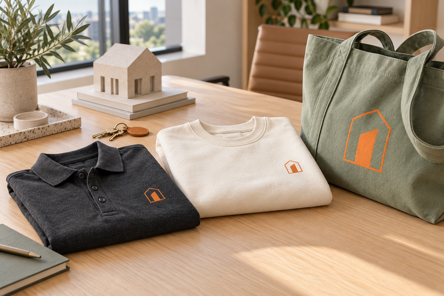 Charcoal polo, cream crewneck and sage tote with orange doorway motifs arranged on a pale oak office desk