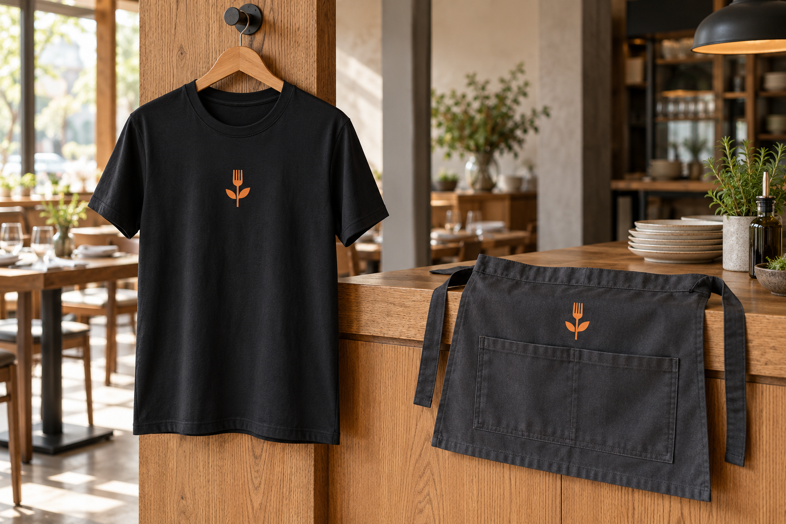 Black staff shirt and charcoal apron with orange leaf and fork artwork in a warm restaurant