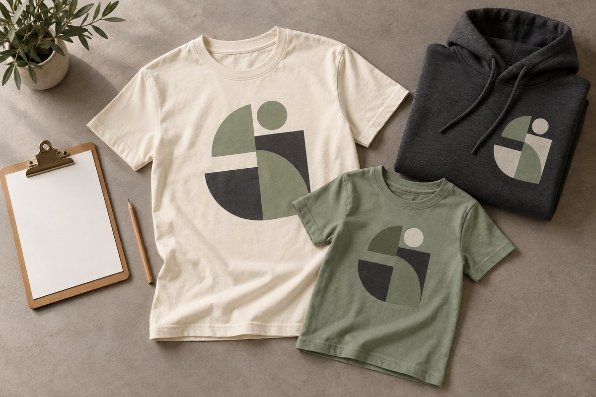 Cream adult T-shirt, sage youth T-shirt and folded charcoal hoodie with original geometric school spirit-wear concept artwork