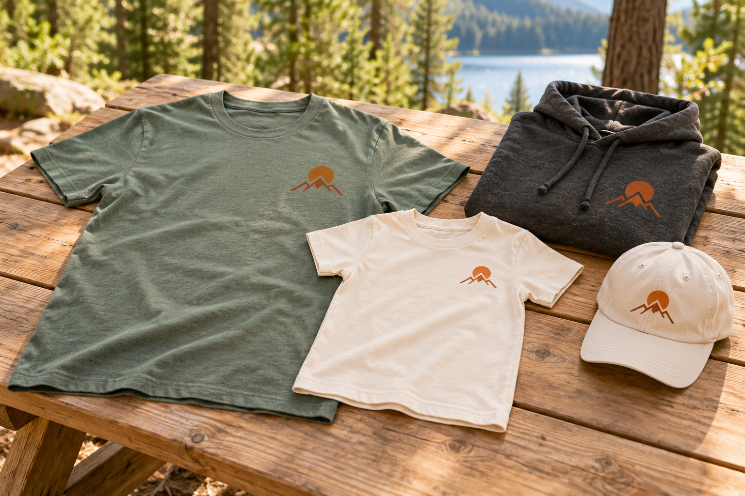 Adult sage and smaller cream youth T-shirts beside a folded charcoal hoodie and cap on a picnic table