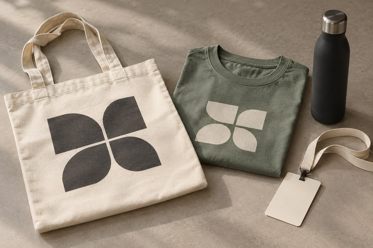 Cream tote, folded sage T-shirt, charcoal bottle and blank lanyard badge arranged as trade-show merchandise concepts