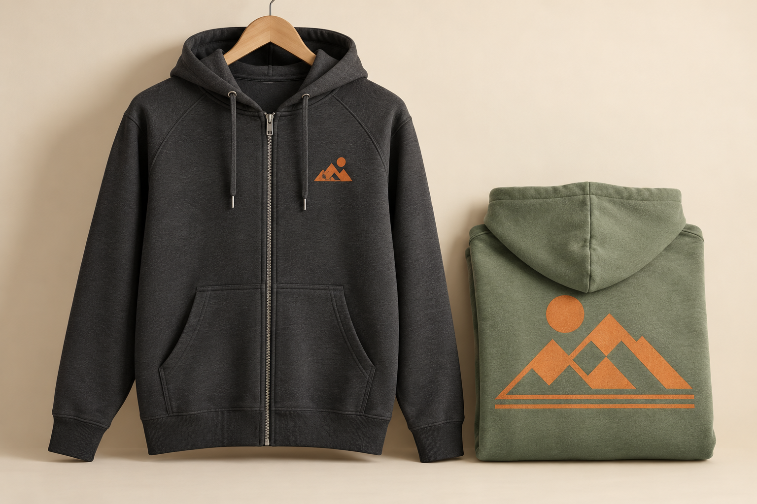 Charcoal zip-up hoodie with small orange chest emblem beside folded sage hoodie with back artwork